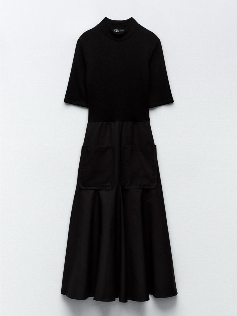 Zara Black Short-Sleeve Mock-Neck Contrast Midi Dress with Front Patch Pockets